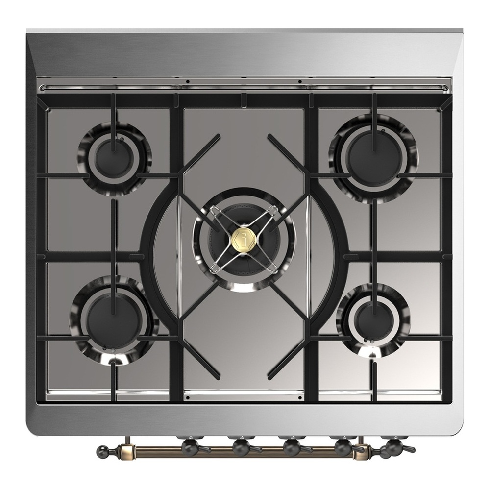 ILVE UM30QNR3BGB Majestic III 30 inch Dual Fuel Range with 5 Black Brass Burners, Dual Function Burner up to 25,000 BTU (Natural Gas, Solid Door, Blue Grey, Burnished) 7 UM30QNR3BGB-Cooktop