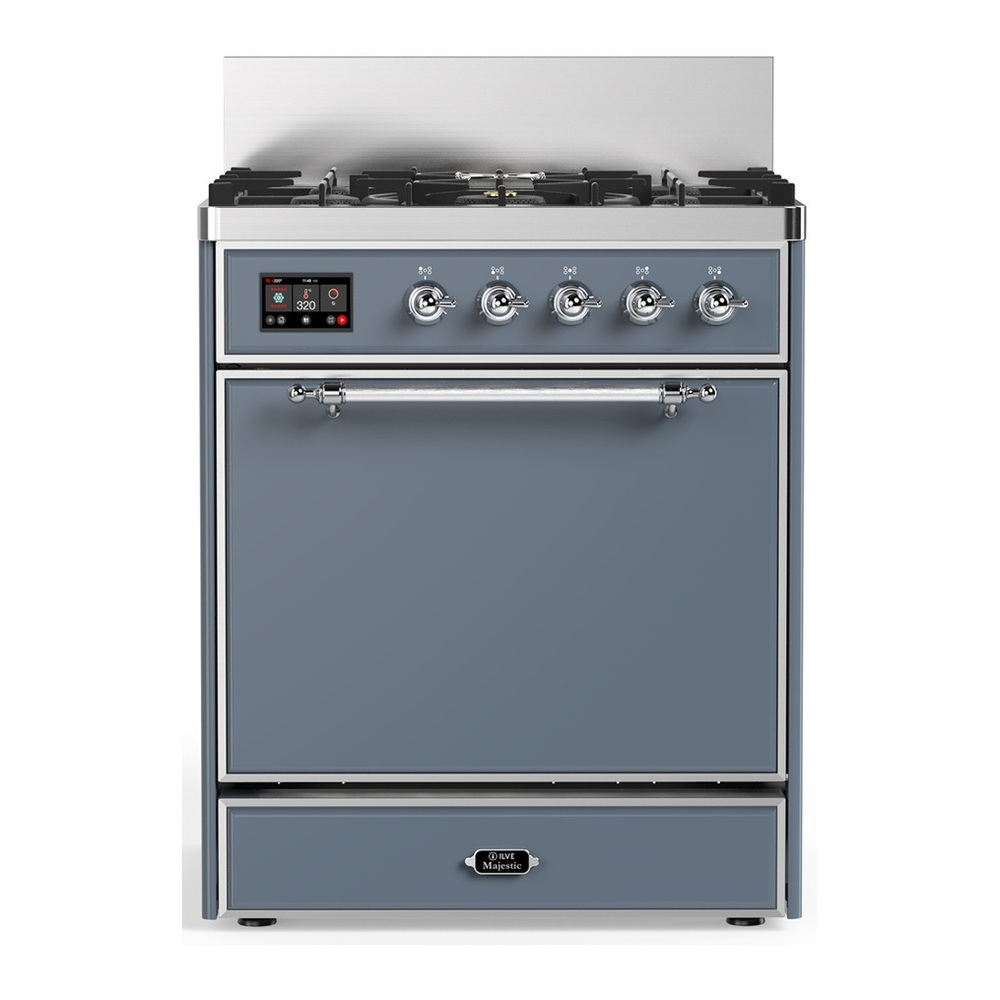 ILVE UM30QNR3BGCLP Majestic III 30 inch Dual Fuel Range with 5 Black Brass Burners, Dual Function Burner up to 25,000 BTU (Liquid Propane, Solid Door, Blue Grey, Chrome) 1 UM30QNR3BGCLP