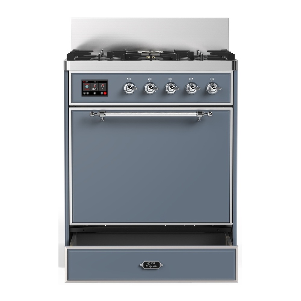ILVE UM30QNR3BGCLP Majestic III 30 inch Dual Fuel Range with 5 Black Brass Burners, Dual Function Burner up to 25,000 BTU (Liquid Propane, Solid Door, Blue Grey, Chrome) 3 UM30QNR3BGCLP-Storage-Drawer