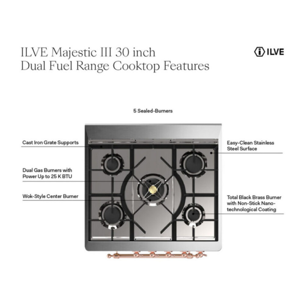 ILVE UM30N Majestic III 30 inch Dual Fuel Range with 5 Black Brass Burners, Dual Function Burner up to 25,000 BTU