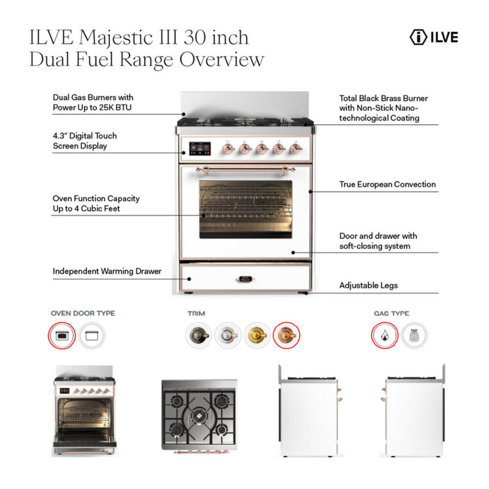 ILVE UM30QNR3MMB Majestic III 30 inch Dual Fuel Range with 5 Black Brass Burners, Dual Function Burner up to 25,000 BTU (Natural Gas, Solid Door, Mediterranean Mint, Burnished) 2 ILVE UM30N Majestic III 30 inch Dual Fuel Range with 5 Black Brass Burners, Dual Function Burner up to 25,000 BTU