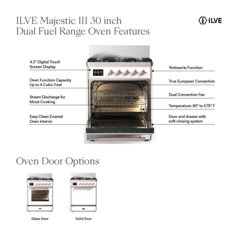 ILVE UM30N Majestic III 30 inch Dual Fuel Range with 5 Black Brass Burners, Dual Function Burner up to 25,000 BTU