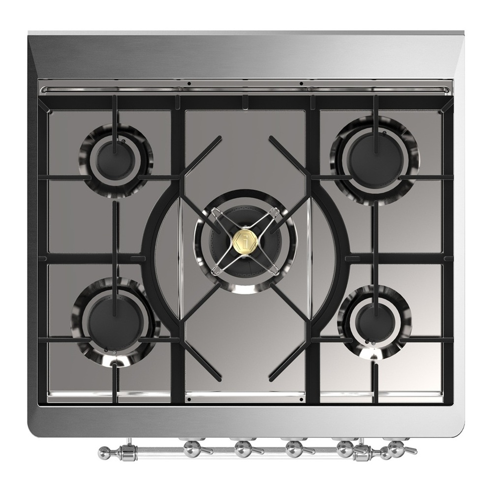 ILVE UM30QNR3RAC Majestic III 30 inch Dual Fuel Range with 5 Black Brass Burners, Dual Function Burner up to 25,000 BTU (Natural Gas, Solid Door, RAL, Chrome) 3 UM30QNR3RAC-Cooktop