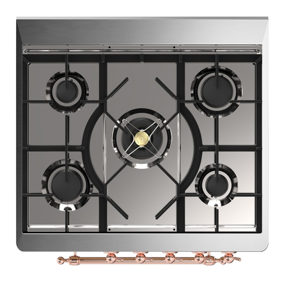 ILVE UM30QNR3RAP Majestic III 30 inch Dual Fuel Range with 5 Black Brass Burners, Dual Function Burner up to 25,000 BTU (Natural Gas, Solid Door, RAL, Copper) 3 UM30QNR3RAP-Cooktop