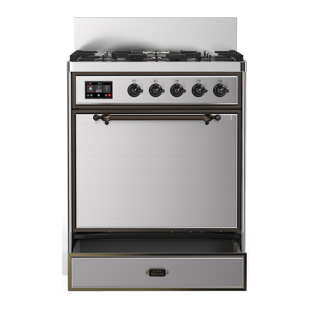 ILVE UM30QNR3SSBLP Majestic III 30 inch Dual Fuel Range with 5 Black Brass Burners, Dual Function Burner up to 25,000 BTU (Liquid Propane, Solid Door, Stainless Steel, Burnished) 3 UM30QNR3SSBLP-Storage-Drawer