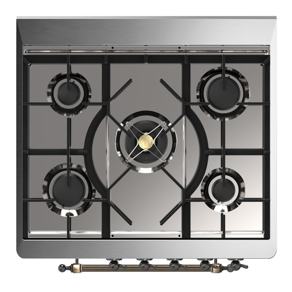 ILVE UM30QNR3SSBLP Majestic III 30 inch Dual Fuel Range with 5 Black Brass Burners, Dual Function Burner up to 25,000 BTU (Liquid Propane, Solid Door, Stainless Steel, Burnished) 7 UM30QNR3SSBLP-Cooktop
