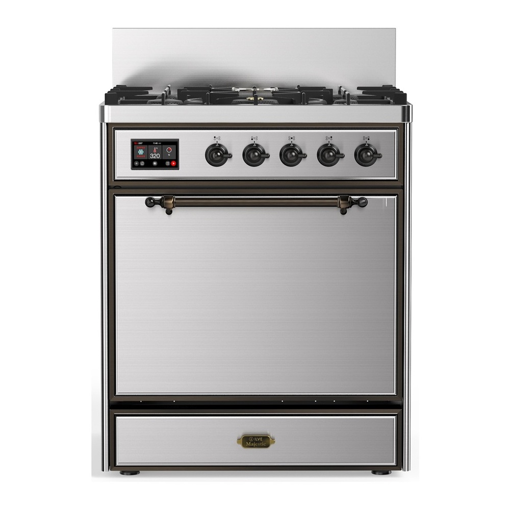 ILVE UM30QNR3SSB Majestic III 30 inch Dual Fuel Range with 5 Black Brass Burners, Dual Function Burner up to 25,000 BTU (Natural Gas, Solid Door, Stainless Steel, Burnished) 1 UM30QNR3SSB