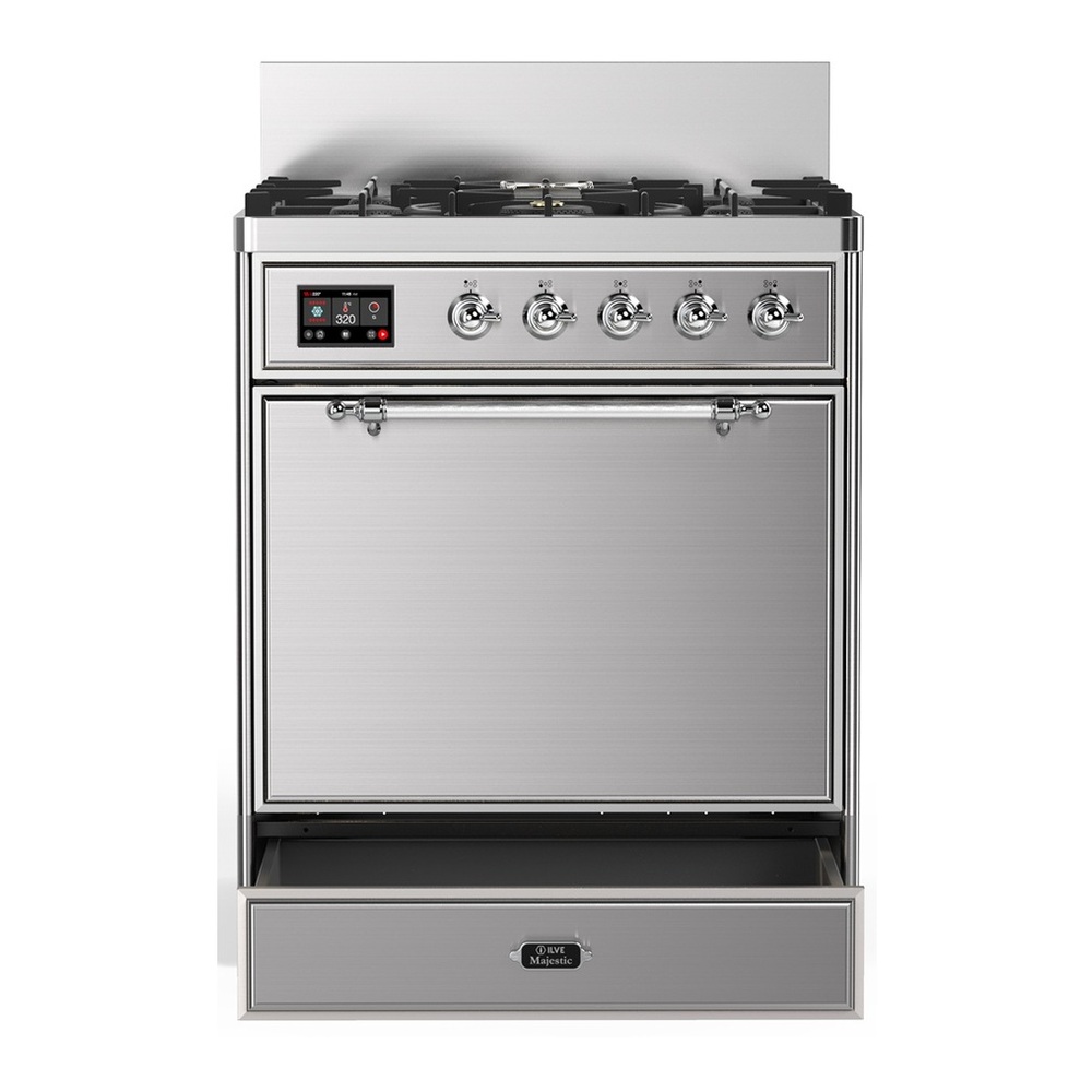 ILVE UM30QNR3SSC Majestic III 30 inch Dual Fuel Range with 5 Black Brass Burners, Dual Function Burner up to 25,000 BTU (Natural Gas, Solid Door, Stainless Steel, Chrome) 3 UM30QNR3SSC-Storage-Drawer