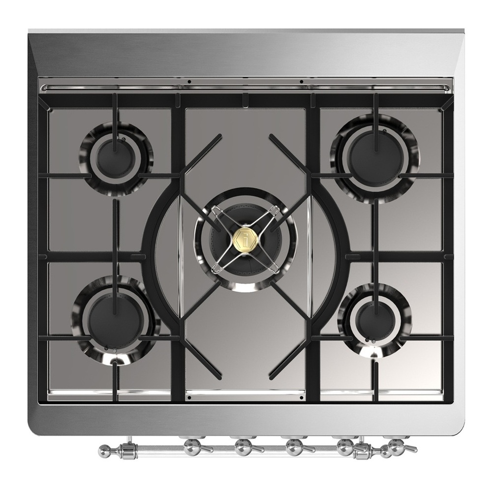 ILVE UM30QNR3SSC Majestic III 30 inch Dual Fuel Range with 5 Black Brass Burners, Dual Function Burner up to 25,000 BTU (Natural Gas, Solid Door, Stainless Steel, Chrome) 7 UM30QNR3SSC-Cooktop