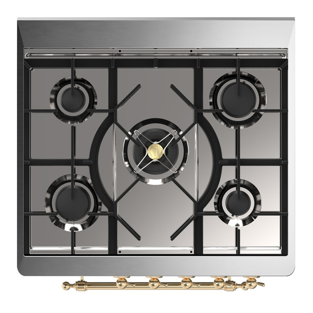 ILVE UM30QNR3SSGLP Majestic III 30 inch Dual Fuel Range with 5 Black Brass Burners, Dual Function Burner up to 25,000 BTU (Liquid Propane, Solid Door, Stainless Steel, Brass) 7 UM30QNR3SSGLP-Cooktop