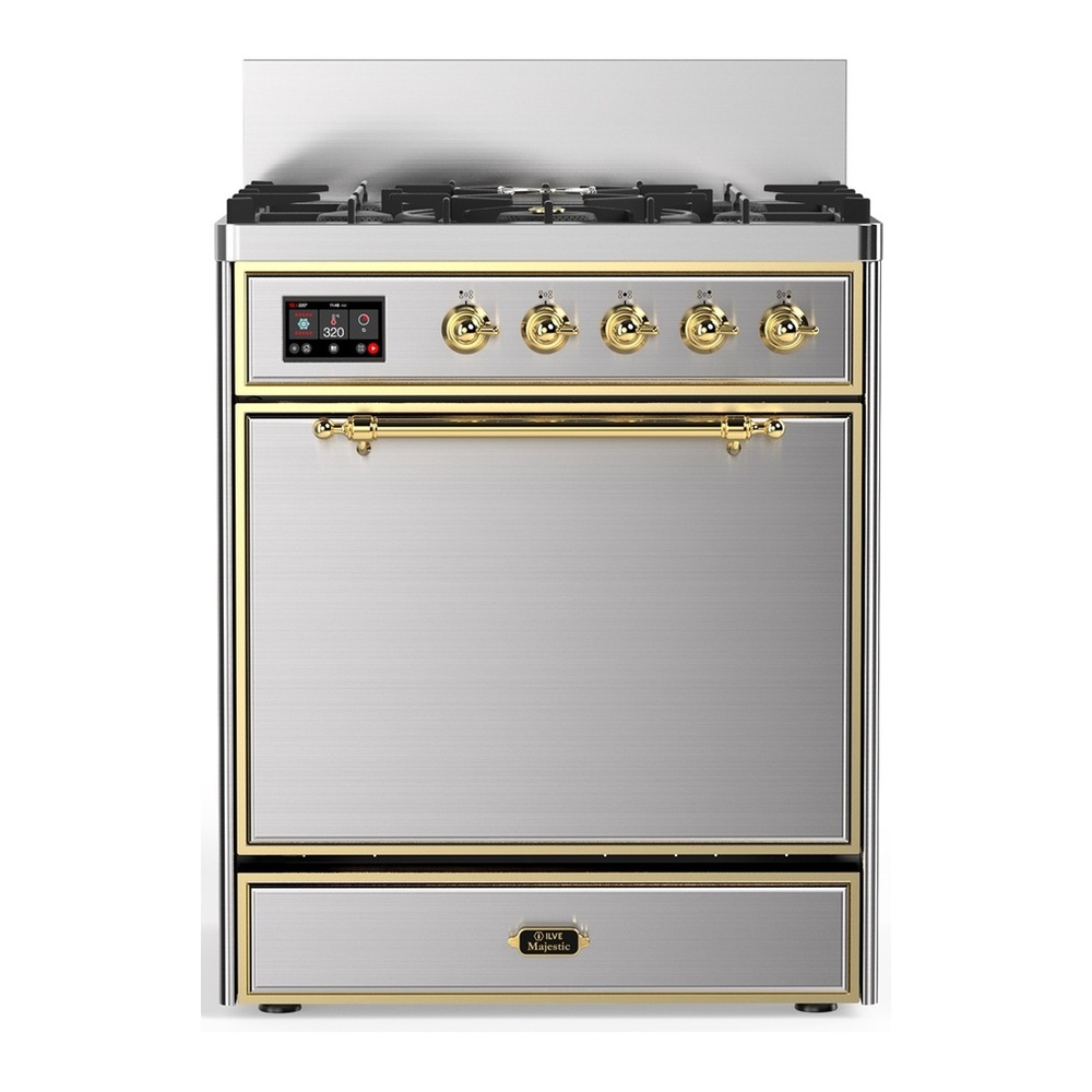 ILVE UM30QNR3SSG Majestic III 30 inch Dual Fuel Range with 5 Black Brass Burners, Dual Function Burner up to 25,000 BTU (Natural Gas, Solid Door, Stainless Steel, Brass) 1 UM30QNR3SSG