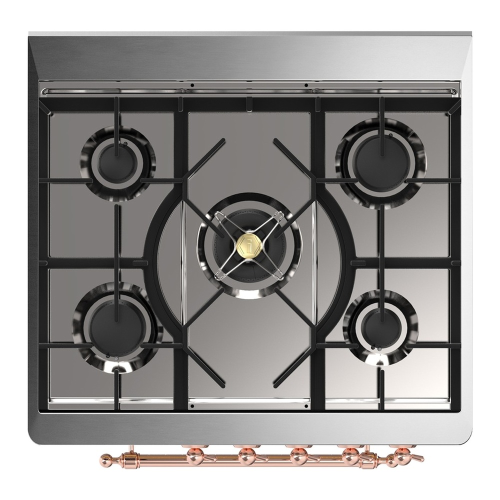 ILVE UM30QNR3SSP Majestic III 30 inch Dual Fuel Range with 5 Black Brass Burners, Dual Function Burner up to 25,000 BTU (Natural Gas, Solid Door, Stainless Steel, Copper) 7 UM30QNR3SSP-Cooktop