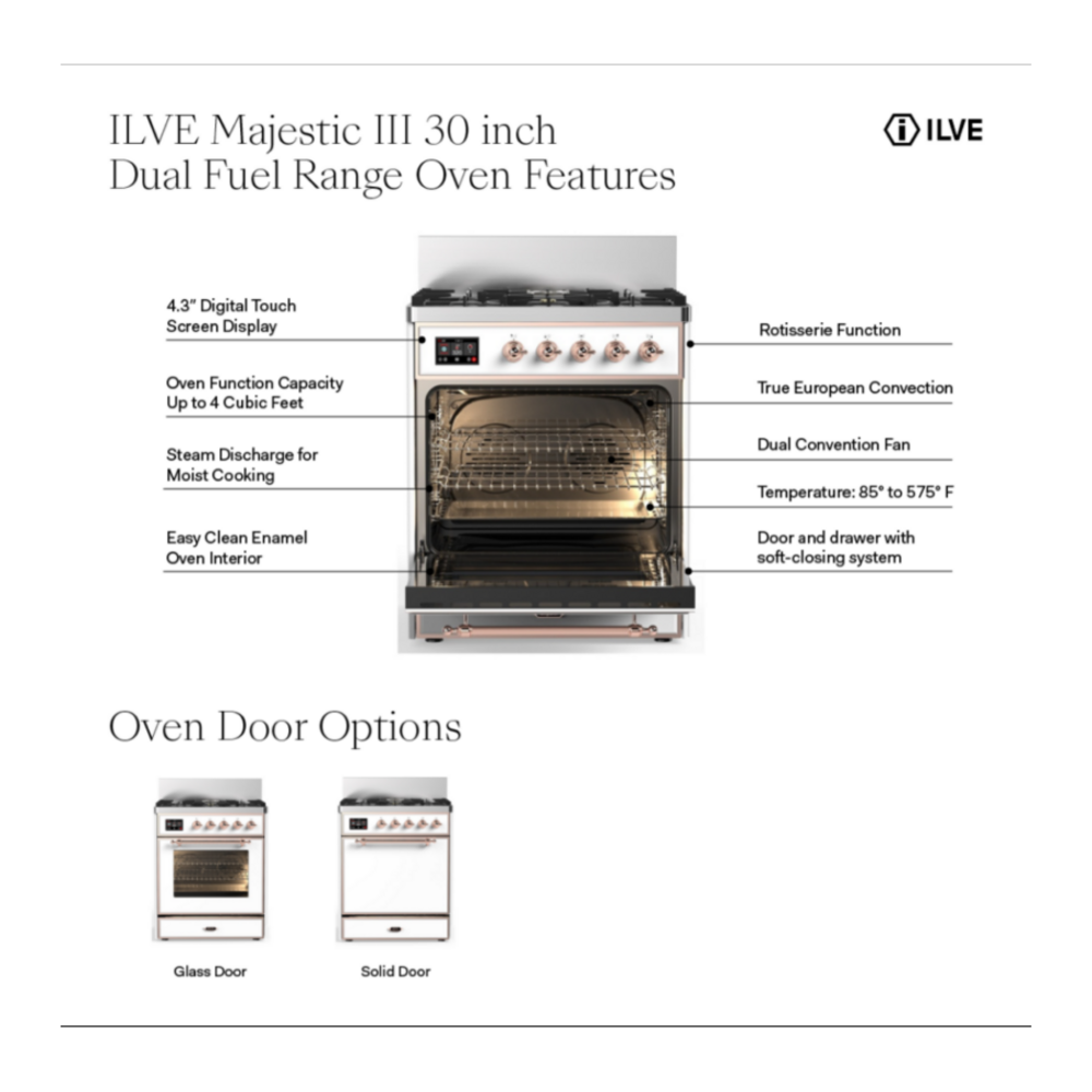 ILVE UM30N Majestic III 30 inch Dual Fuel Range with 5 Black Brass Burners, Dual Function Burner up to 25,000 BTU