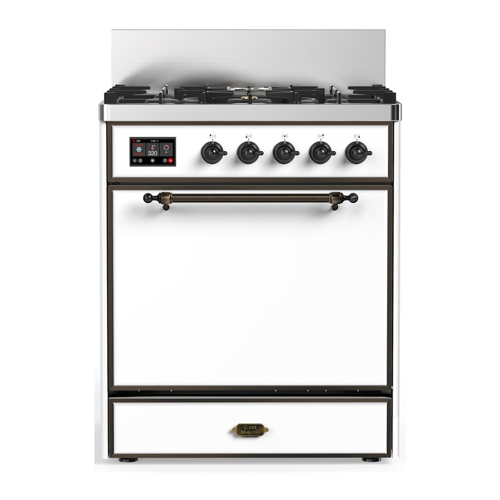ILVE UM30QNR3WHBLP Majestic III 30 inch Dual Fuel Range with 5 Black Brass Burners, Dual Function Burner up to 25,000 BTU (Liquid Propane, Solid Door, White, Burnished) 1 UM30QNR3WHBLP
