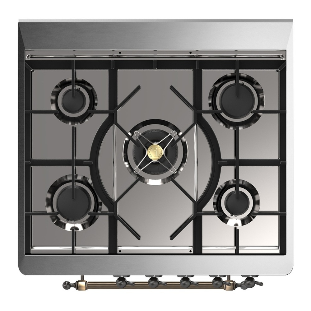 ILVE UM30QNR3WHBLP Majestic III 30 inch Dual Fuel Range with 5 Black Brass Burners, Dual Function Burner up to 25,000 BTU (Liquid Propane, Solid Door, White, Burnished) 7 UM30QNR3WHBLP-Cooktop