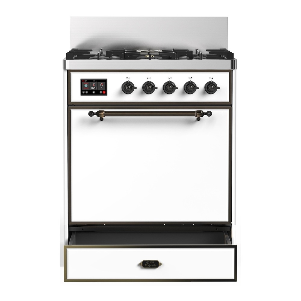 ILVE UM30QNR3WHB Majestic III 30 inch Dual Fuel Range with 5 Black Brass Burners, Dual Function Burner up to 25,000 BTU (Natural Gas, Solid Door, White, Burnished) 3 UM30QNR3WHB-Storage-Drawer