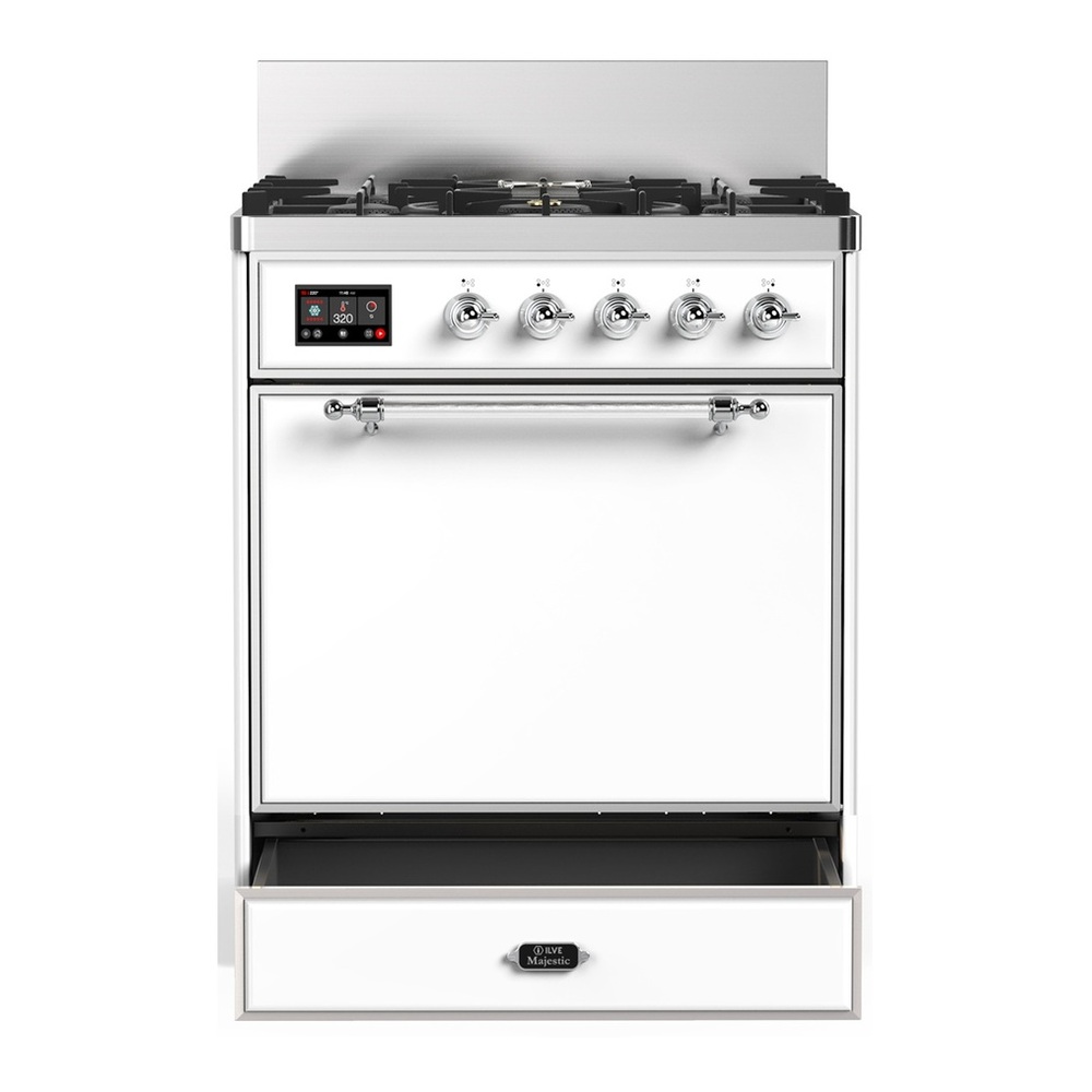 ILVE UM30QNR3WHCLP Majestic III 30 inch Dual Fuel Range with 5 Black Brass Burners, Dual Function Burner up to 25,000 BTU (Liquid Propane, Solid Door, White, Chrome) 3 UM30QNR3WHCLP-Storage-Drawer
