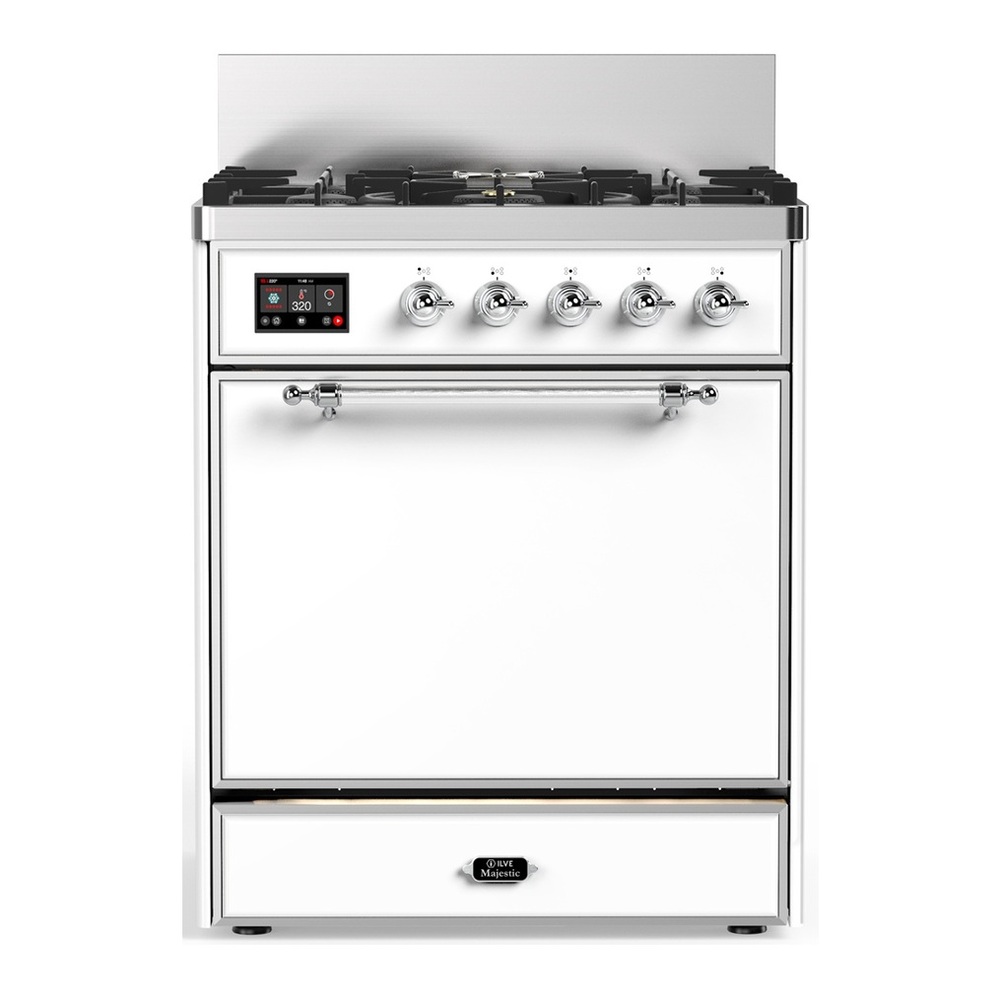 ILVE UM30QNR3WHC Majestic III 30 inch Dual Fuel Range with 5 Black Brass Burners, Dual Function Burner up to 25,000 BTU (Natural Gas, Solid Door, White, Chrome) 1 UM30QNR3WHC