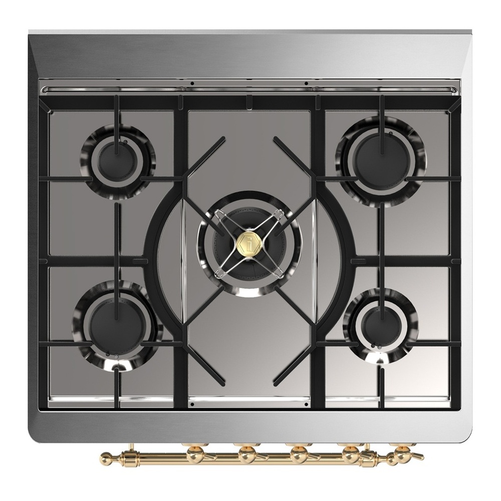 ILVE UM30QNR3WHGLP Majestic III 30 inch Dual Fuel Range with 5 Black Brass Burners, Dual Function Burner up to 25,000 BTU (Liquid Propane, Solid Door, White, Brass) 7 UM30QNR3WHGLP-Cooktop