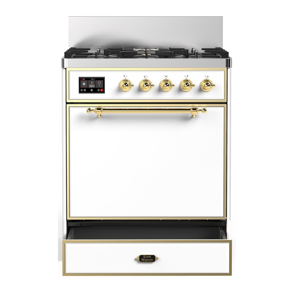 ILVE UM30QNR3WHG Majestic III 30 inch Dual Fuel Range with 5 Black Brass Burners, Dual Function Burner up to 25,000 BTU (Natural Gas, Solid Door, White, Brass) 3 UM30QNR3WHG-Storage-Drawer