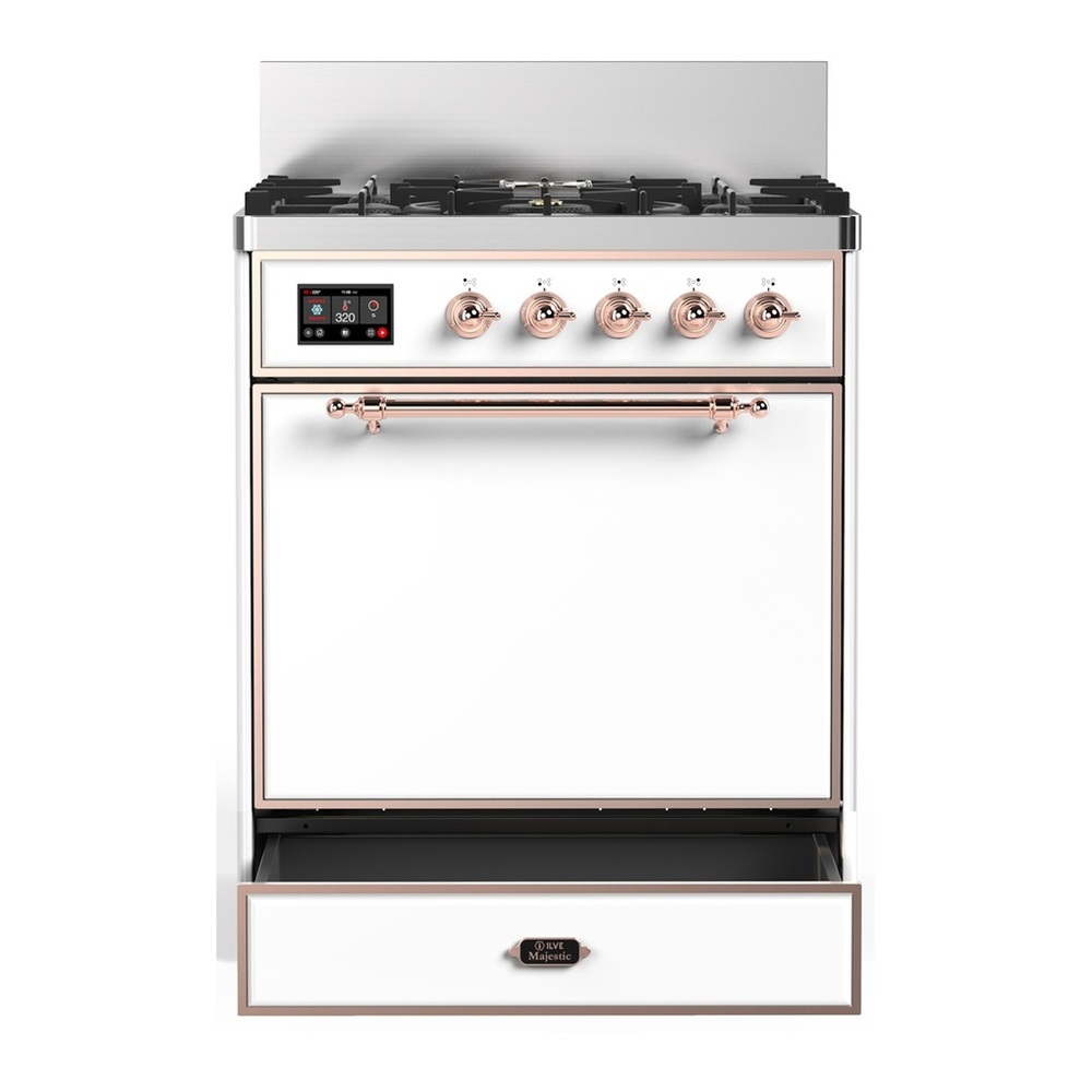 ILVE UM30QNR3WHPLP Majestic III 30 inch Dual Fuel Range with 5 Black Brass Burners, Dual Function Burner up to 25,000 BTU (Liquid Propane, Solid Door, White, Copper) 3 UM30QNR3WHPLP-Storage-Drawer