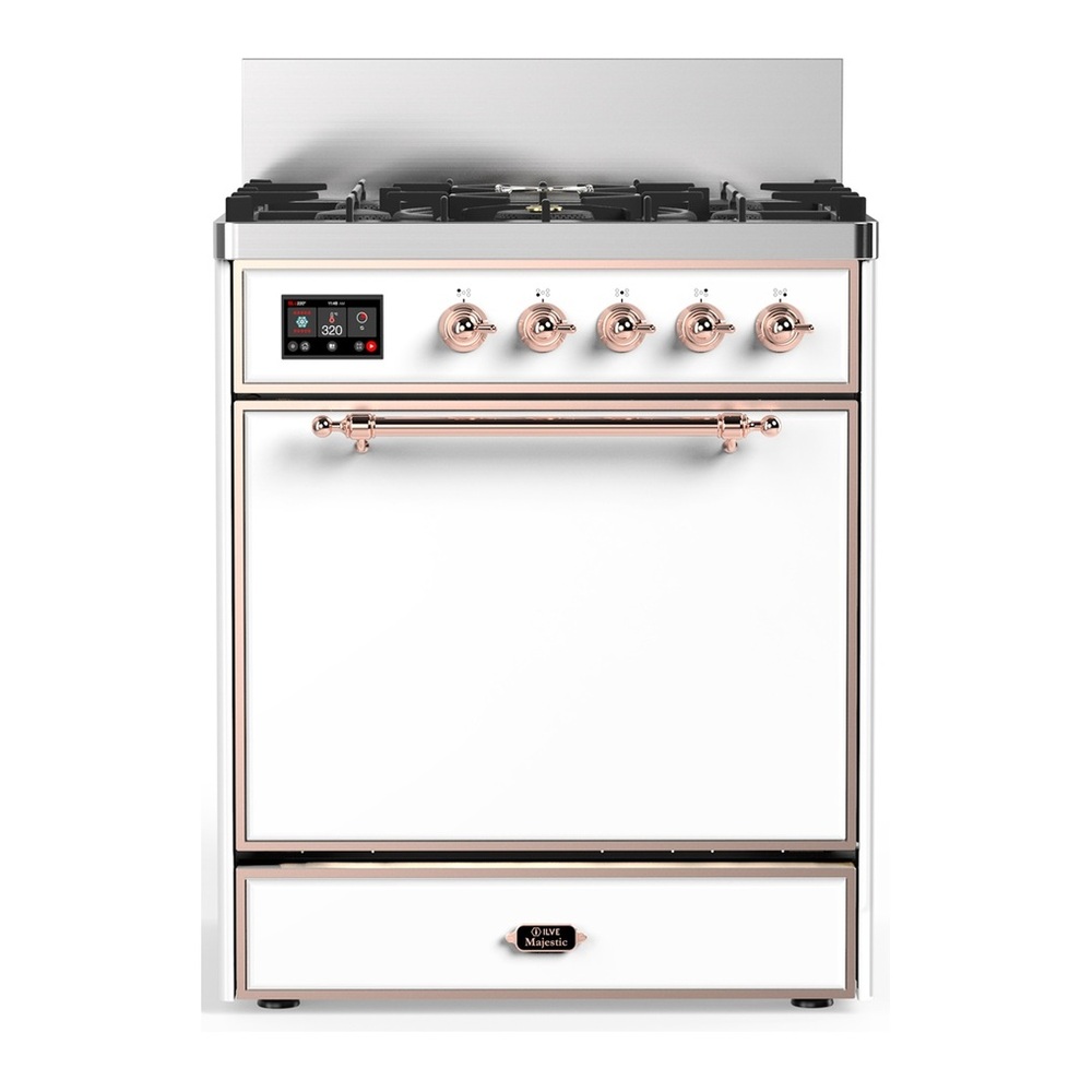 ILVE UM30QNR3WHP Majestic III 30 inch Dual Fuel Range with 5 Black Brass Burners, Dual Function Burner up to 25,000 BTU (Natural Gas, Solid Door, White, Copper) 1 UM30QNR3WHP