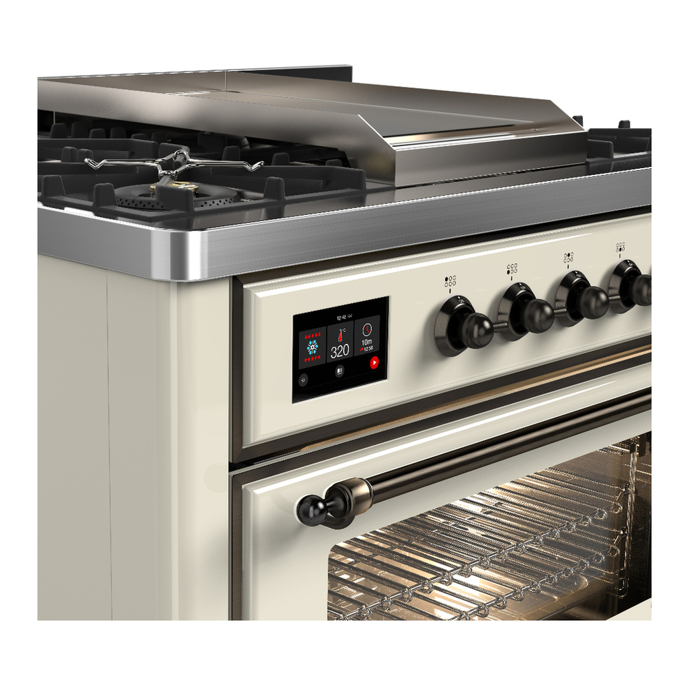 ILVE UM36FNR3AWB Majestic III 36 inch Dual Fuel Range with 6 Black Brass Burners and Griddle, Dual Function Burner up to 25,000 BTU (Triple Glass Door, Antique White, Burnished, Natural Gas) 9 ILVE-UM36FNR3AWB-Control Knobs View