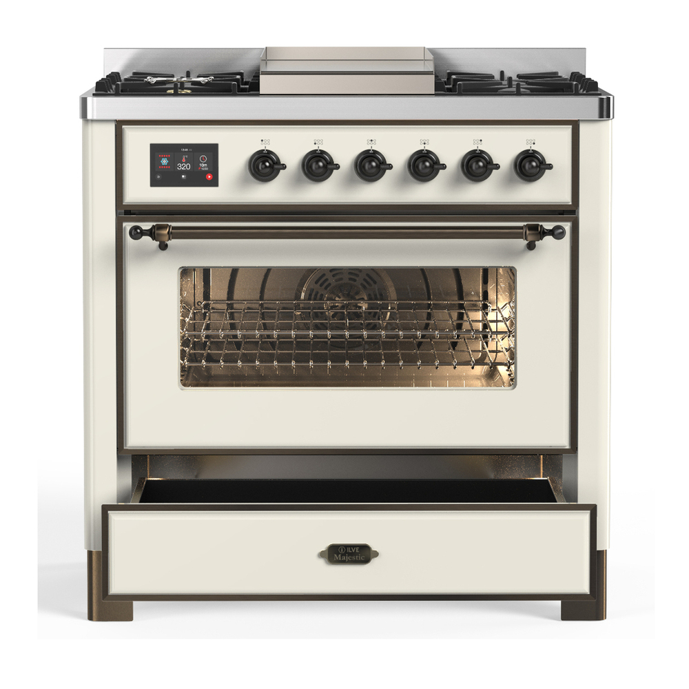 ILVE UM36FNR3AWB Majestic III 36 inch Dual Fuel Range with 6 Black Brass Burners and Griddle, Dual Function Burner up to 25,000 BTU (Triple Glass Door, Antique White, Burnished, Natural Gas) 7 ILVE-UM36FNR3AWB-Drawer Open View