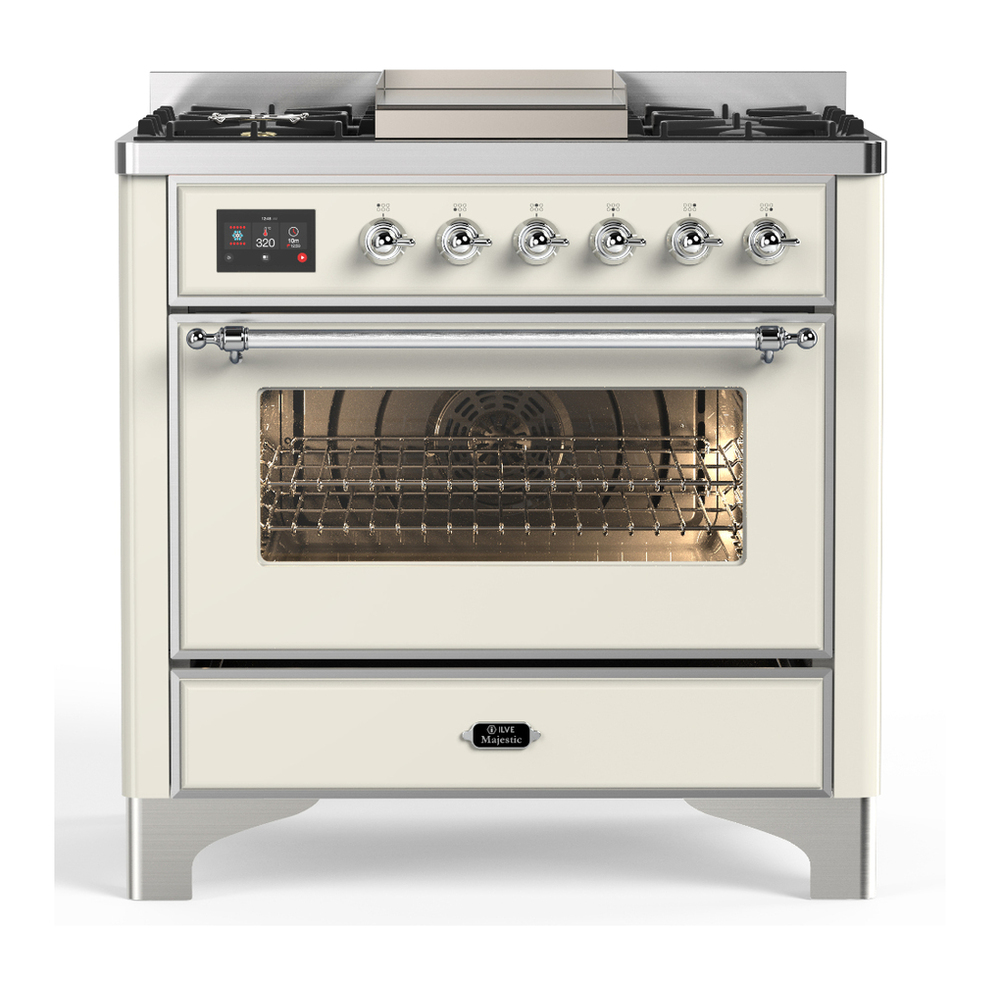 ILVE UM36FNR3AWCLP Majestic III 36 inch Dual Fuel Range with 6 Black Brass Burners and Griddle, Dual Function Burner up to 25,000 BTU (Triple Glass Door, Antique White, Chrome, Liquid Propane) 1 UM36FNR3AWCLP