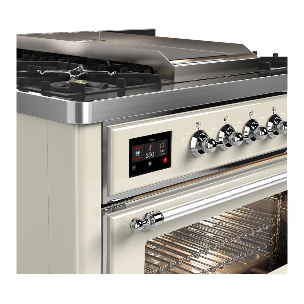 ILVE UM36FNR3AWCLP Majestic III 36 inch Dual Fuel Range with 6 Black Brass Burners and Griddle, Dual Function Burner up to 25,000 BTU (Triple Glass Door, Antique White, Chrome, Liquid Propane) 5 ILVE-UM36FNR3AWCLP-Control Knobs View