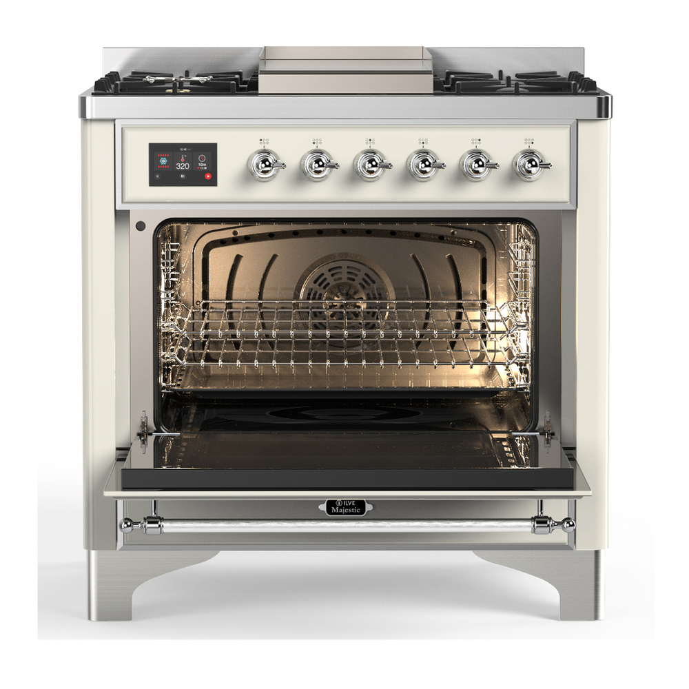 ILVE UM36FNR3AWCLP Majestic III 36 inch Dual Fuel Range with 6 Black Brass Burners and Griddle, Dual Function Burner up to 25,000 BTU (Triple Glass Door, Antique White, Chrome, Liquid Propane) 2 ILVE-UM36FNR3AWCLP-Open Door View