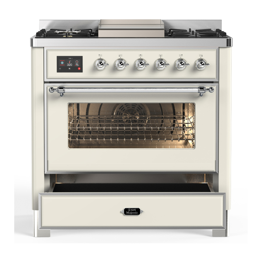 ILVE UM36FNR3AWCLP Majestic III 36 inch Dual Fuel Range with 6 Black Brass Burners and Griddle, Dual Function Burner up to 25,000 BTU (Triple Glass Door, Antique White, Chrome, Liquid Propane) 3 ILVE-UM36FNR3AWCLP-Drawer Open View