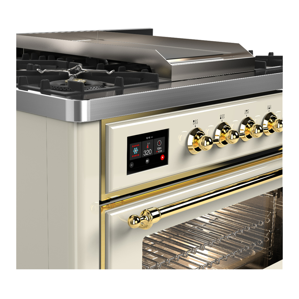 ILVE UM36FNR3AWGLP Majestic III 36 inch Dual Fuel Range with 6 Black Brass Burners and Griddle, Dual Function Burner up to 25,000 BTU (Triple Glass Door, Antique White, Brass, Liquid Propane) 5 ILVE-UM36FNR3AWGLP-Control Knobs View