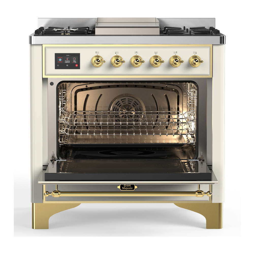 ILVE UM36FNR3AWGLP Majestic III 36 inch Dual Fuel Range with 6 Black Brass Burners and Griddle, Dual Function Burner up to 25,000 BTU (Triple Glass Door, Antique White, Brass, Liquid Propane) 2 ILVE-UM36FNR3AWGLP-Open Door View