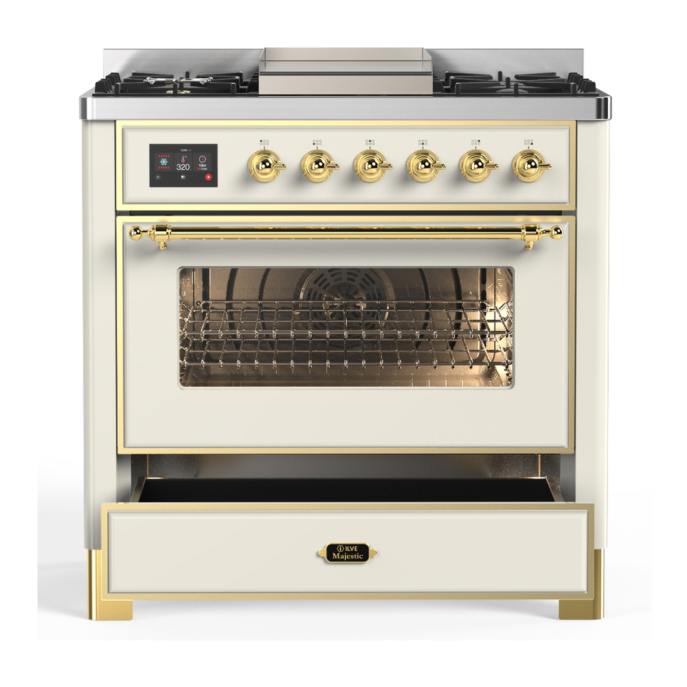 ILVE UM36FNR3AWGLP Majestic III 36 inch Dual Fuel Range with 6 Black Brass Burners and Griddle, Dual Function Burner up to 25,000 BTU (Triple Glass Door, Antique White, Brass, Liquid Propane) 3 ILVE-UM36FNR3AWGLP-Drawer Open View