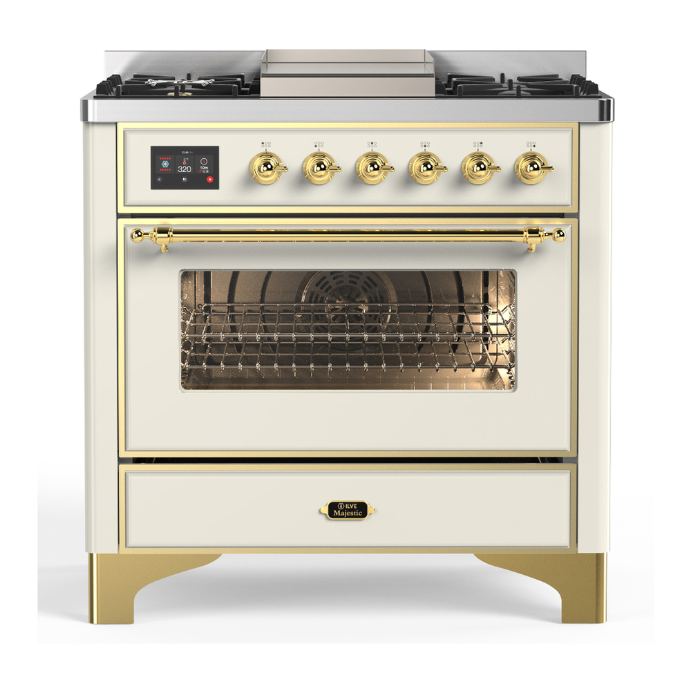 ILVE UM36FNR3AWG Majestic III 36 inch Dual Fuel Range with 6 Black Brass Burners and Griddle, Dual Function Burner up to 25,000 BTU (Triple Glass Door, Antique White, Brass, Natural Gas) 1 UM36FNR3AWG