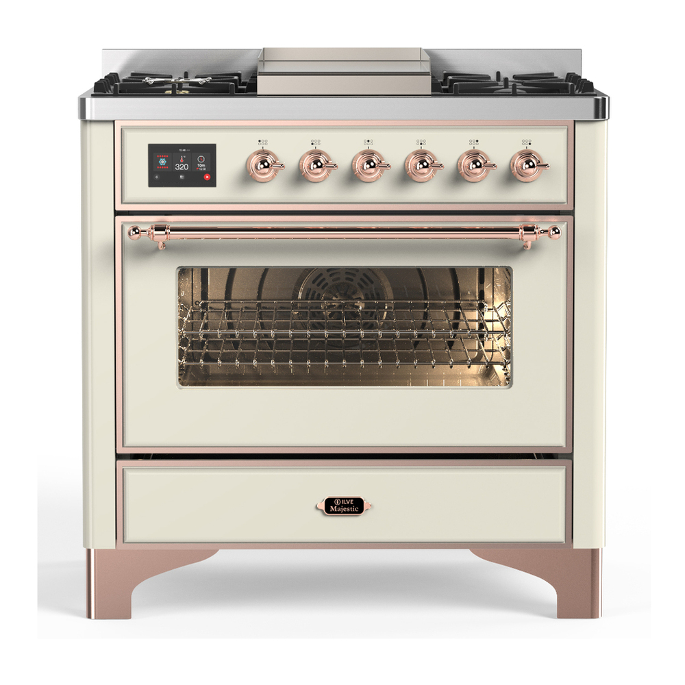 ILVE UM36FNR3AWPLP Majestic III 36 inch Dual Fuel Range with 6 Black Brass Burners and Griddle, Dual Function Burner up to 25,000 BTU (Triple Glass Door, Antique White, Copper, Liquid Propane) 1 UM36FNR3AWPLP