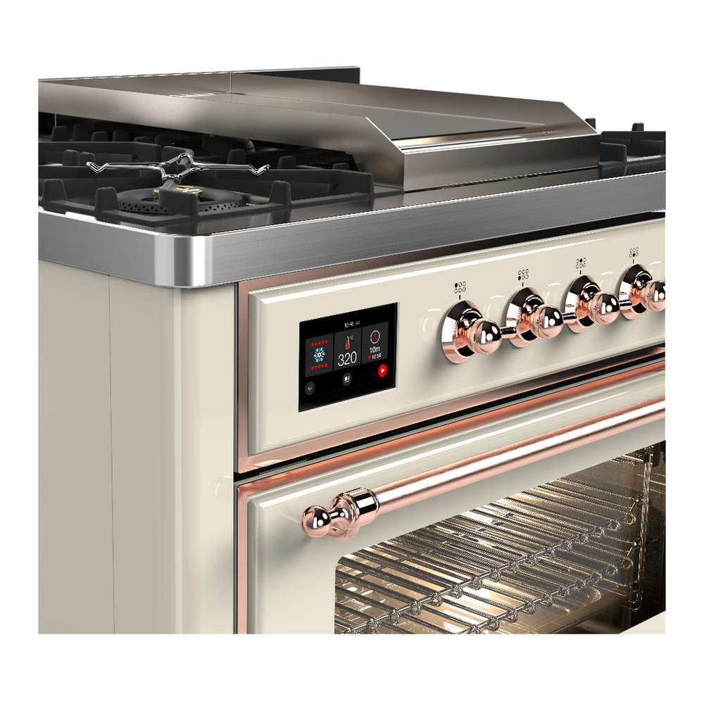 ILVE UM36FNR3AWPLP Majestic III 36 inch Dual Fuel Range with 6 Black Brass Burners and Griddle, Dual Function Burner up to 25,000 BTU (Triple Glass Door, Antique White, Copper, Liquid Propane) 5 ILVE-UM36FNR3AWPLP-Control Knobs View