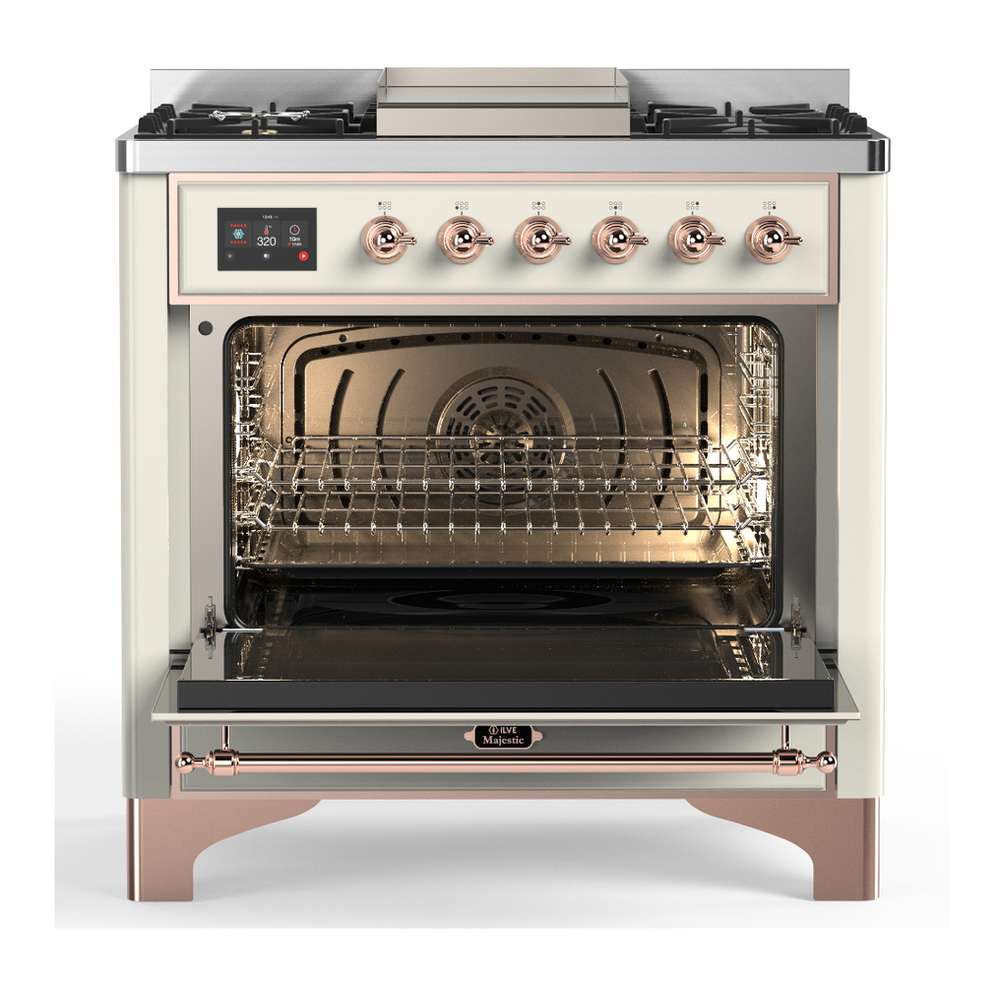 ILVE UM36FNR3AWPLP Majestic III 36 inch Dual Fuel Range with 6 Black Brass Burners and Griddle, Dual Function Burner up to 25,000 BTU (Triple Glass Door, Antique White, Copper, Liquid Propane) 2 ILVE-UM36FNR3AWPLP-Open Door View