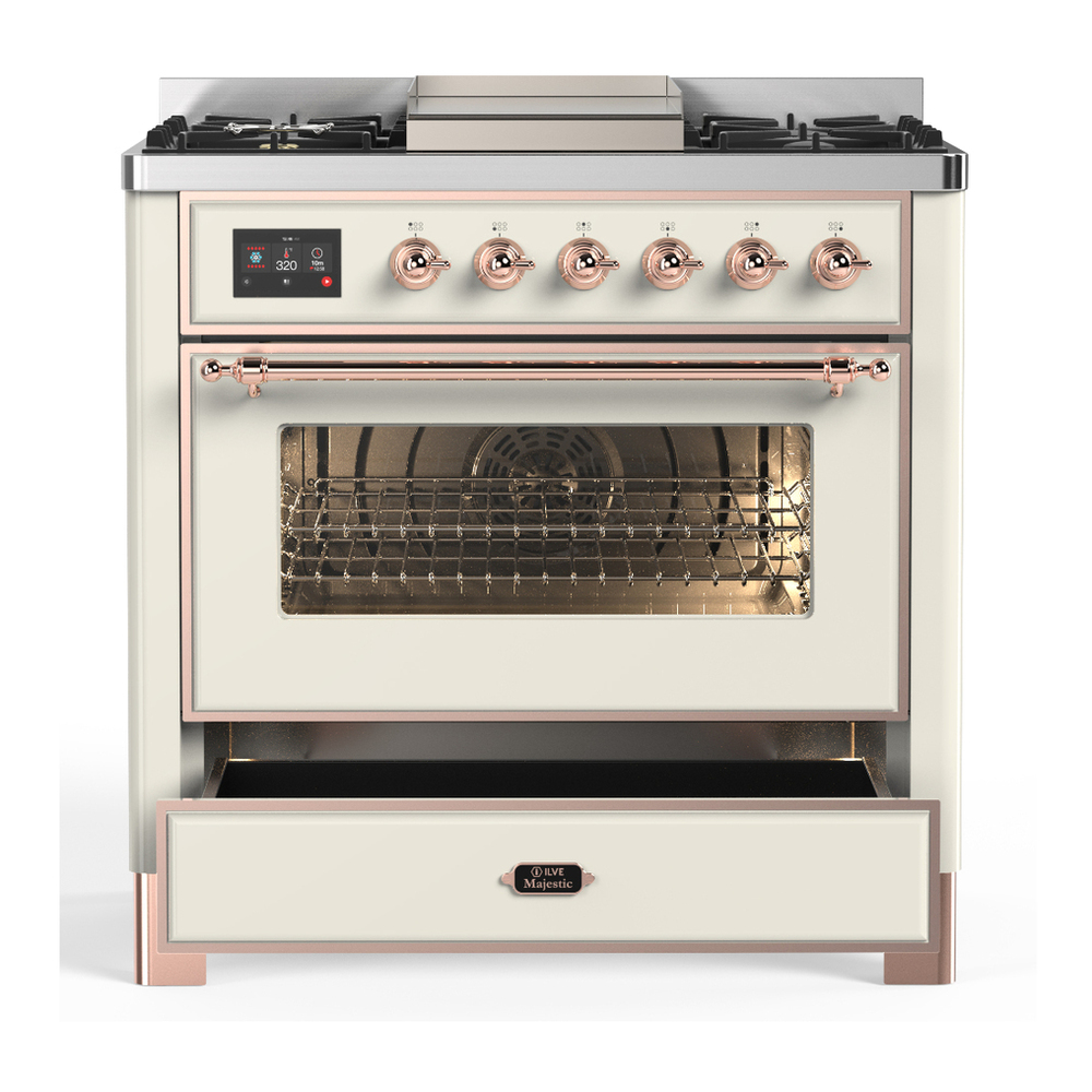 ILVE UM36FNR3AWPLP Majestic III 36 inch Dual Fuel Range with 6 Black Brass Burners and Griddle, Dual Function Burner up to 25,000 BTU (Triple Glass Door, Antique White, Copper, Liquid Propane) 3 ILVE-UM36FNR3AWPLP-Drawer Open View