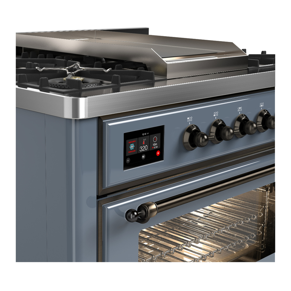 ILVE UM36FNR3BGBLP Majestic III 36 inch Dual Fuel Range with 6 Black Brass Burners and Griddle, Dual Function Burner up to 25,000 BTU (Triple Glass Door, Blue Grey, Burnished, Liquid Propane) 5 ILVE-UM36FNR3BGBLP-Control Knobs View