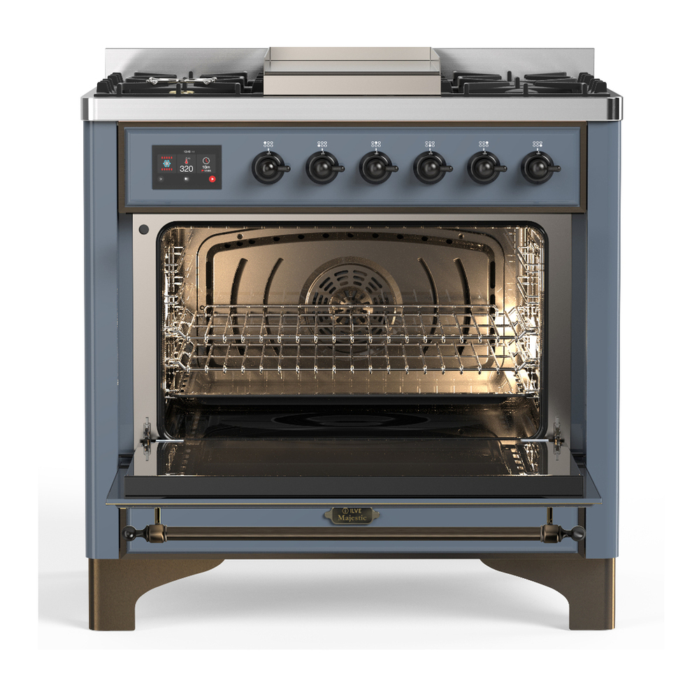 ILVE UM36FNR3BGBLP Majestic III 36 inch Dual Fuel Range with 6 Black Brass Burners and Griddle, Dual Function Burner up to 25,000 BTU (Triple Glass Door, Blue Grey, Burnished, Liquid Propane) 2 ILVE-UM36FNR3BGBLP-Open Door View
