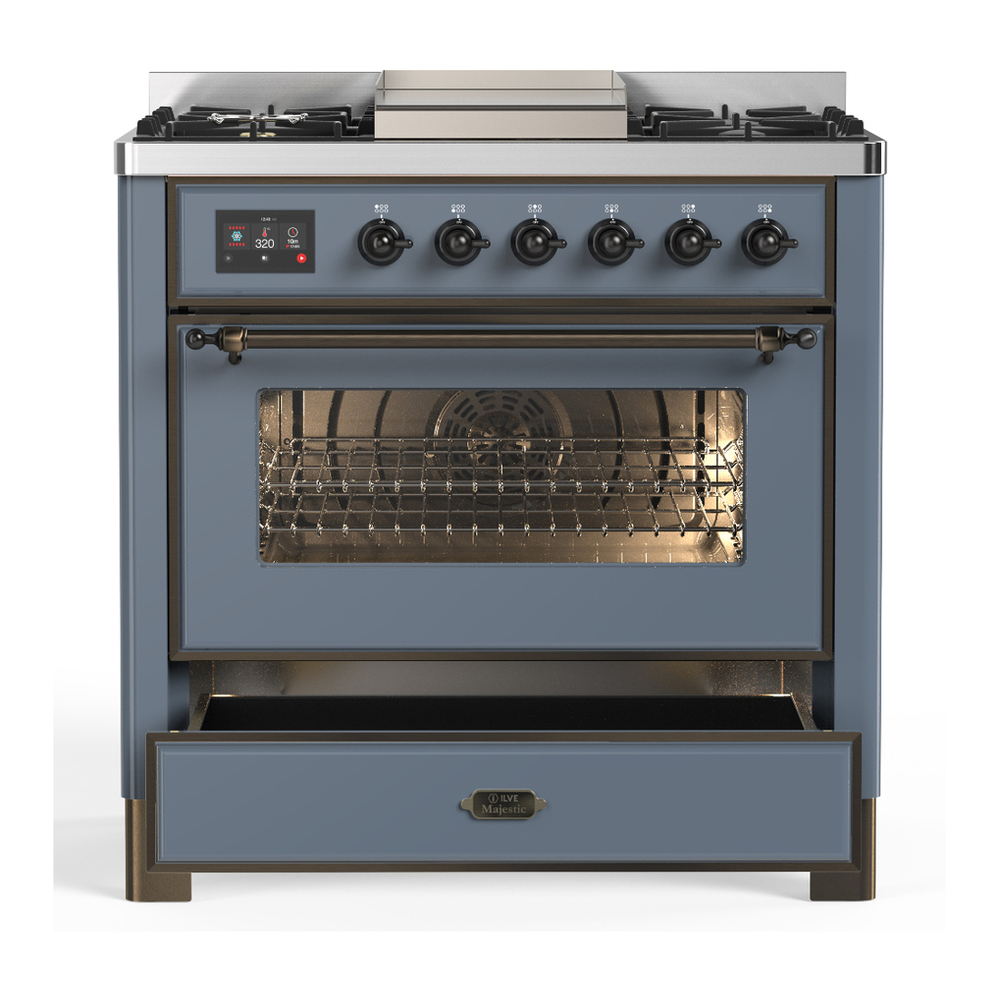ILVE UM36FNR3BGBLP Majestic III 36 inch Dual Fuel Range with 6 Black Brass Burners and Griddle, Dual Function Burner up to 25,000 BTU (Triple Glass Door, Blue Grey, Burnished, Liquid Propane) 3 ILVE-UM36FNR3BGBLP-Drawer Open View