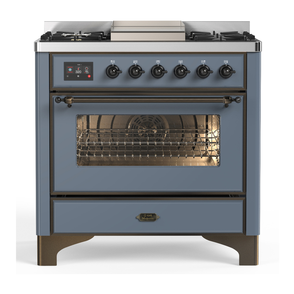 ILVE UM36FNR3BGB Majestic III 36 inch Dual Fuel Range with 6 Black Brass Burners and Griddle, Dual Function Burner up to 25,000 BTU (Triple Glass Door, Blue Grey, Burnished, Natural Gas) 1 UM36FNR3BGB