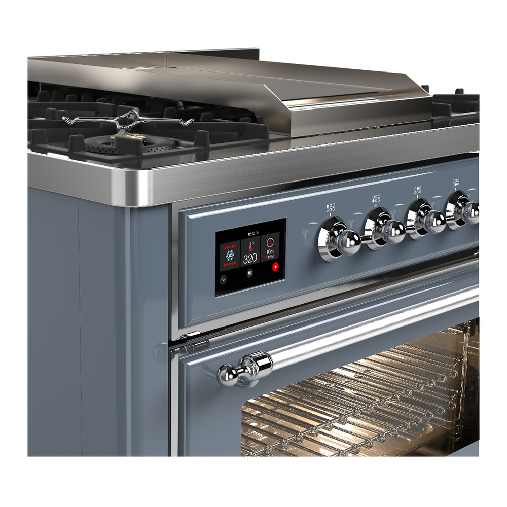 ILVE UM36FNR3BGCLP Majestic III 36 inch Dual Fuel Range with 6 Black Brass Burners and Griddle, Dual Function Burner up to 25,000 BTU (Triple Glass Door, Blue Grey, Chrome, Liquid Propane) 5 ILVE-UM36FNR3BGCLP-Control Knobs View