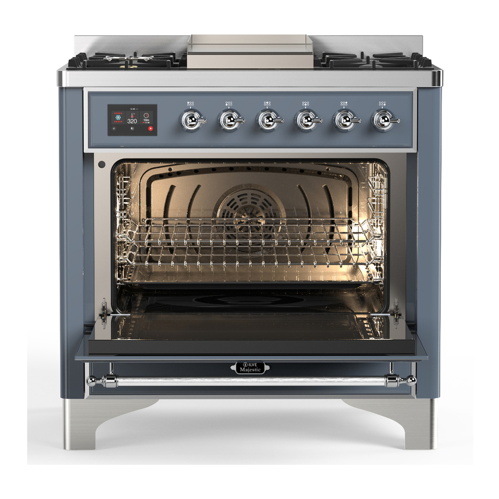 ILVE UM36FNR3BGCLP Majestic III 36 inch Dual Fuel Range with 6 Black Brass Burners and Griddle, Dual Function Burner up to 25,000 BTU (Triple Glass Door, Blue Grey, Chrome, Liquid Propane) 2 ILVE-UM36FNR3BGCLP-Open Door View