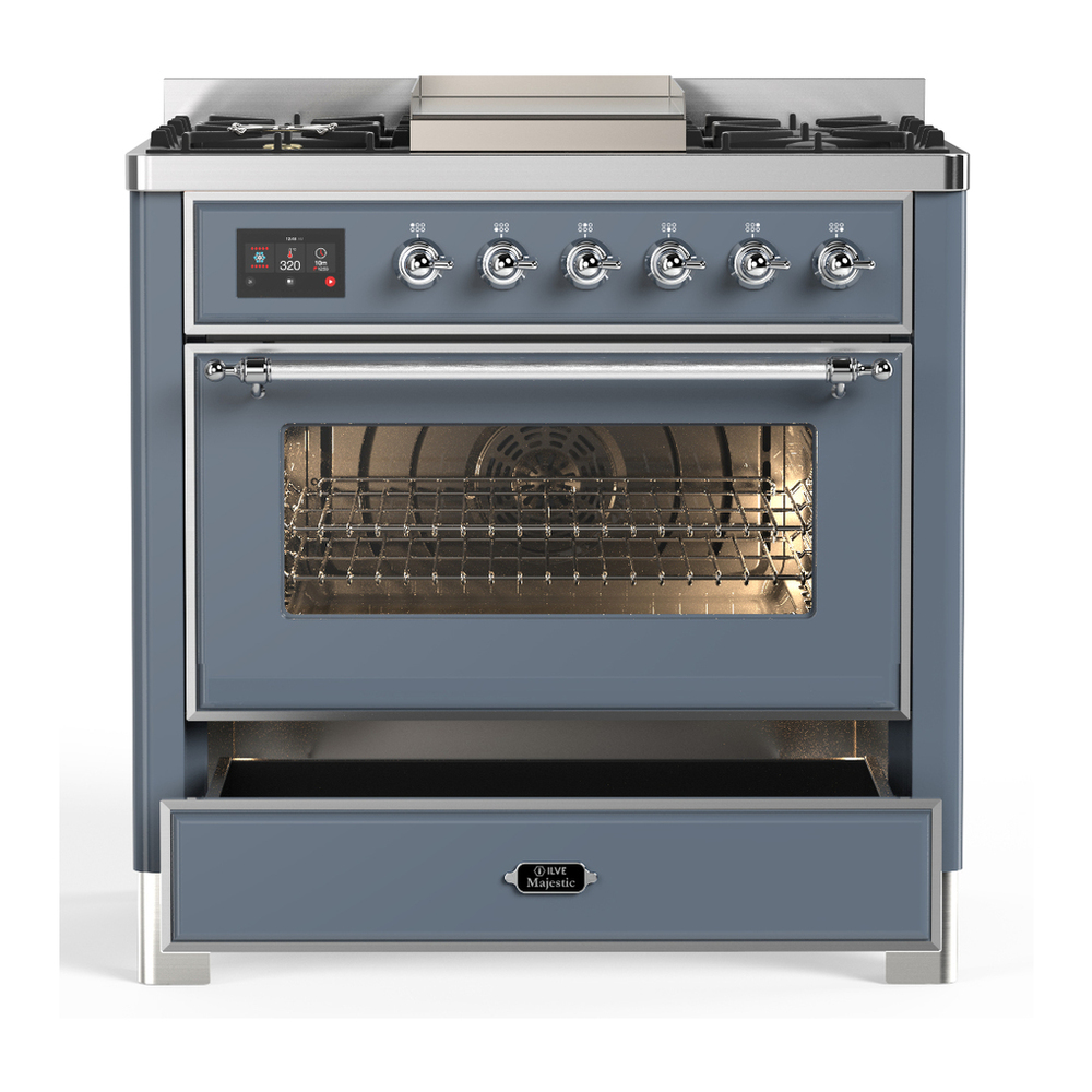 ILVE UM36FNR3BGCLP Majestic III 36 inch Dual Fuel Range with 6 Black Brass Burners and Griddle, Dual Function Burner up to 25,000 BTU (Triple Glass Door, Blue Grey, Chrome, Liquid Propane) 3 ILVE-UM36FNR3BGCLP-Drawer Open View