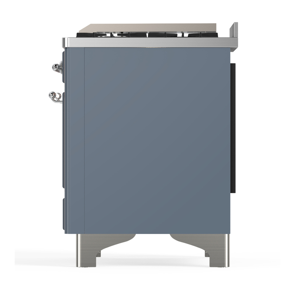 ILVE UM36FNR3BGCLP Majestic III 36 inch Dual Fuel Range with 6 Black Brass Burners and Griddle, Dual Function Burner up to 25,000 BTU (Triple Glass Door, Blue Grey, Chrome, Liquid Propane) 7 ILVE-UM36FNR3BGCLP-Left Side View