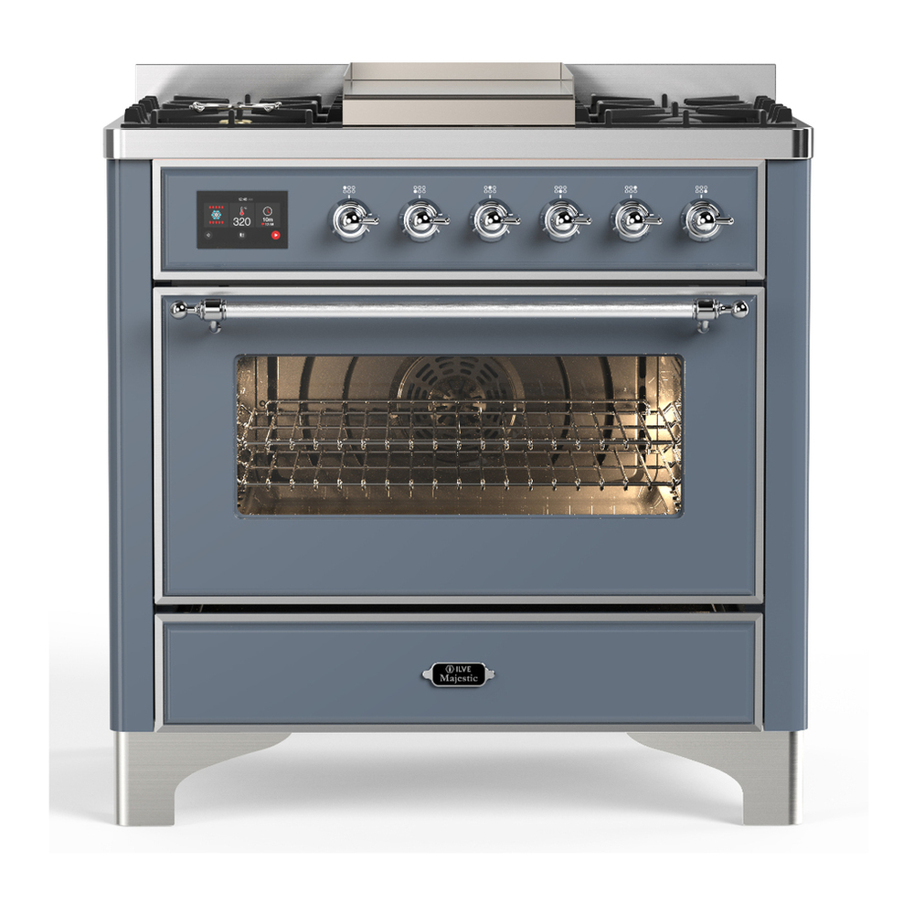 ILVE UM36FNR3BGC Majestic III 36 inch Dual Fuel Range with 6 Black Brass Burners and Griddle, Dual Function Burner up to 25,000 BTU (Triple Glass Door, Blue Grey, Chrome, Natural Gas) 1 UM36FNR3BGC