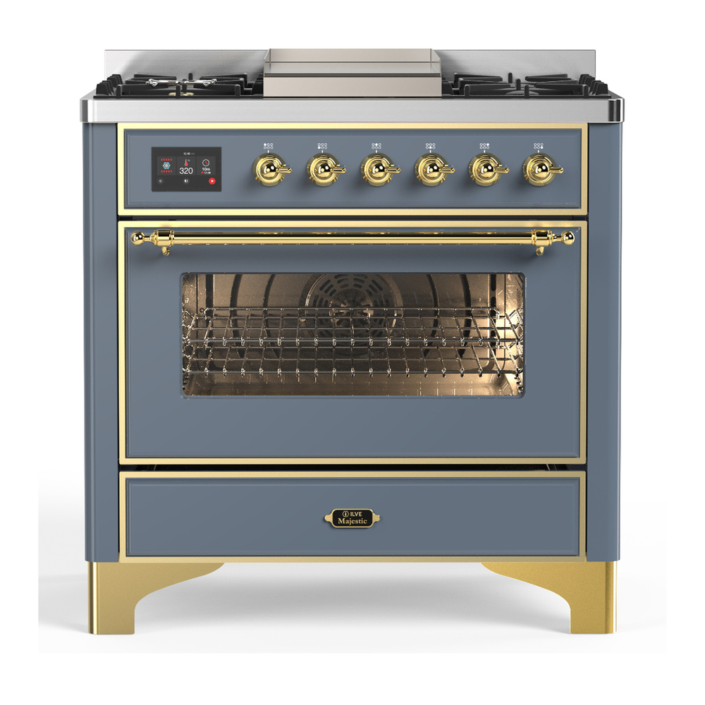 ILVE UM36FNR3BGGLP Majestic III 36 inch Dual Fuel Range with 6 Black Brass Burners and Griddle, Dual Function Burner up to 25,000 BTU (Triple Glass Door, Blue Grey, Brass, Liquid Propane) 1 UM36FNR3BGGLP
